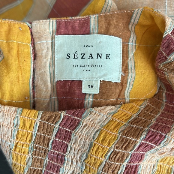Sezane Magda Mini Dress Cotton Orange Pinstripe Smocked Metallic Sz 36 US S - Picture 13 of 16